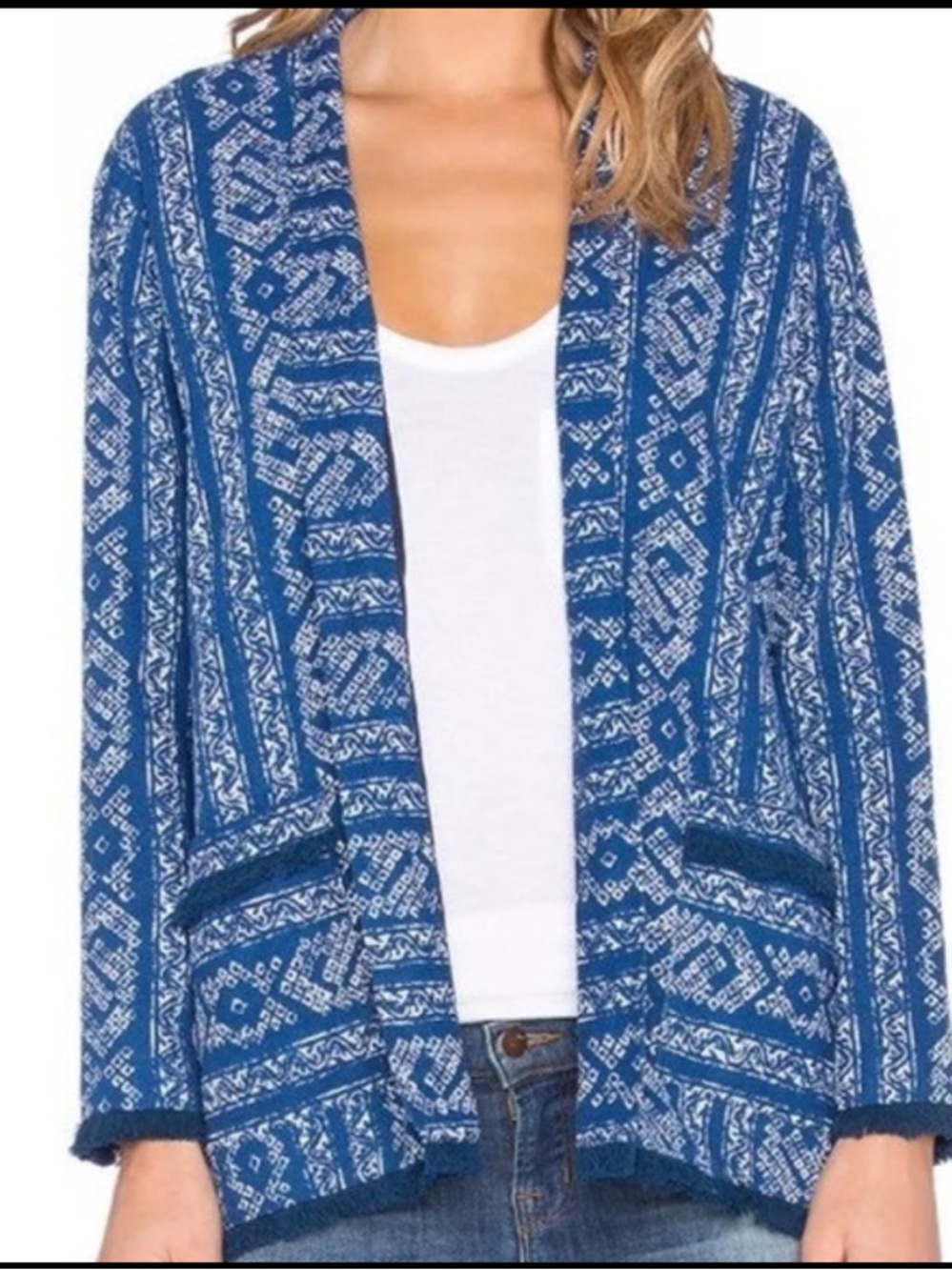 Velvet by Graham & Spencer Indigo Blue Patterned Open Jacket